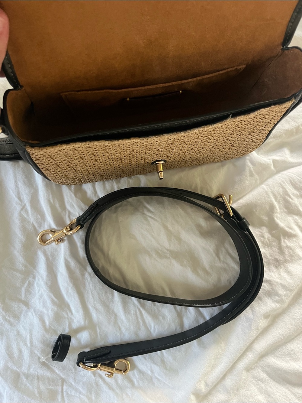 Coach Natural Straw and Black Leather Shoulder Bag with Gold Hardware - Picture 6 of 6